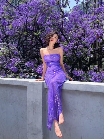 Stunning Sheath Spaghetti Strap Purple Sequin Long Party Dress Evening Dress HZ1023